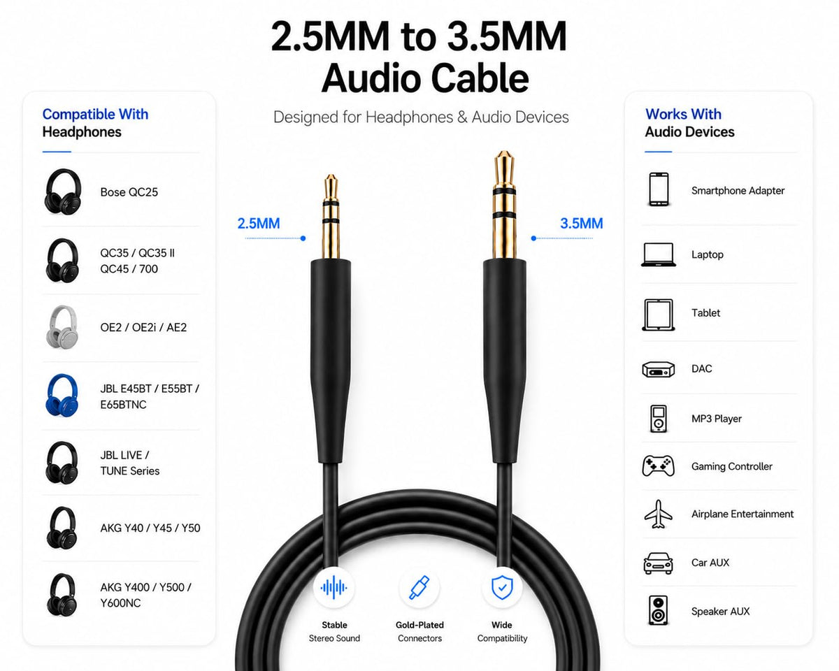 EARLA TEC Replacement Audio Cable Cord,Aux Wire 3.5mm to 2.5mm Compatible with Bose QuietComfort QC25 QC35 QC35II QC45 NC700 Soundlink Soundtrue