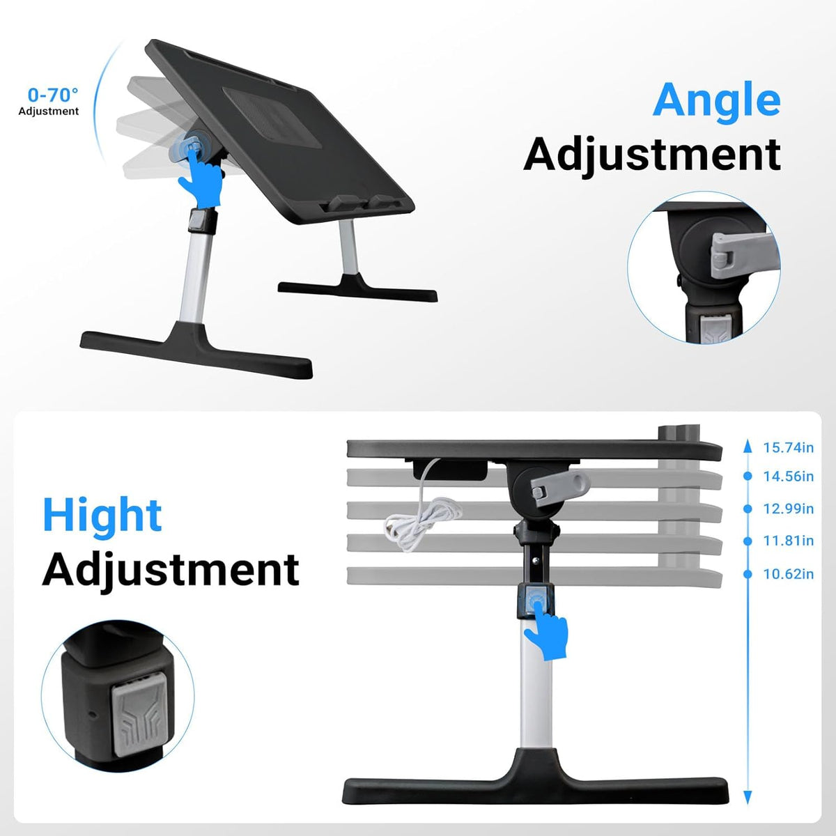Laptop Lap Desk Include Cooling Fan,Adjustable Lap Desk with Light Fan,Folding Laptop Desk for Bed with USB,Bed Desk with Storage Drawer 60 * 40cm,Black