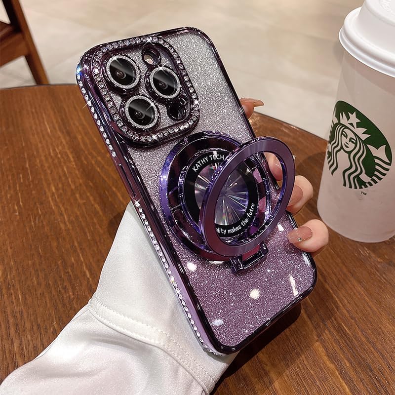 Magnetic Kickstand (Glitter Lens Protector ) Case for iPhone 15 14 13 12 Pro Max (Compatible with Magsafe ) Sparkling Diamond Cover Glitter Shiny Rhinestone Cases (Purple,for iPhone 12 Pro Max)