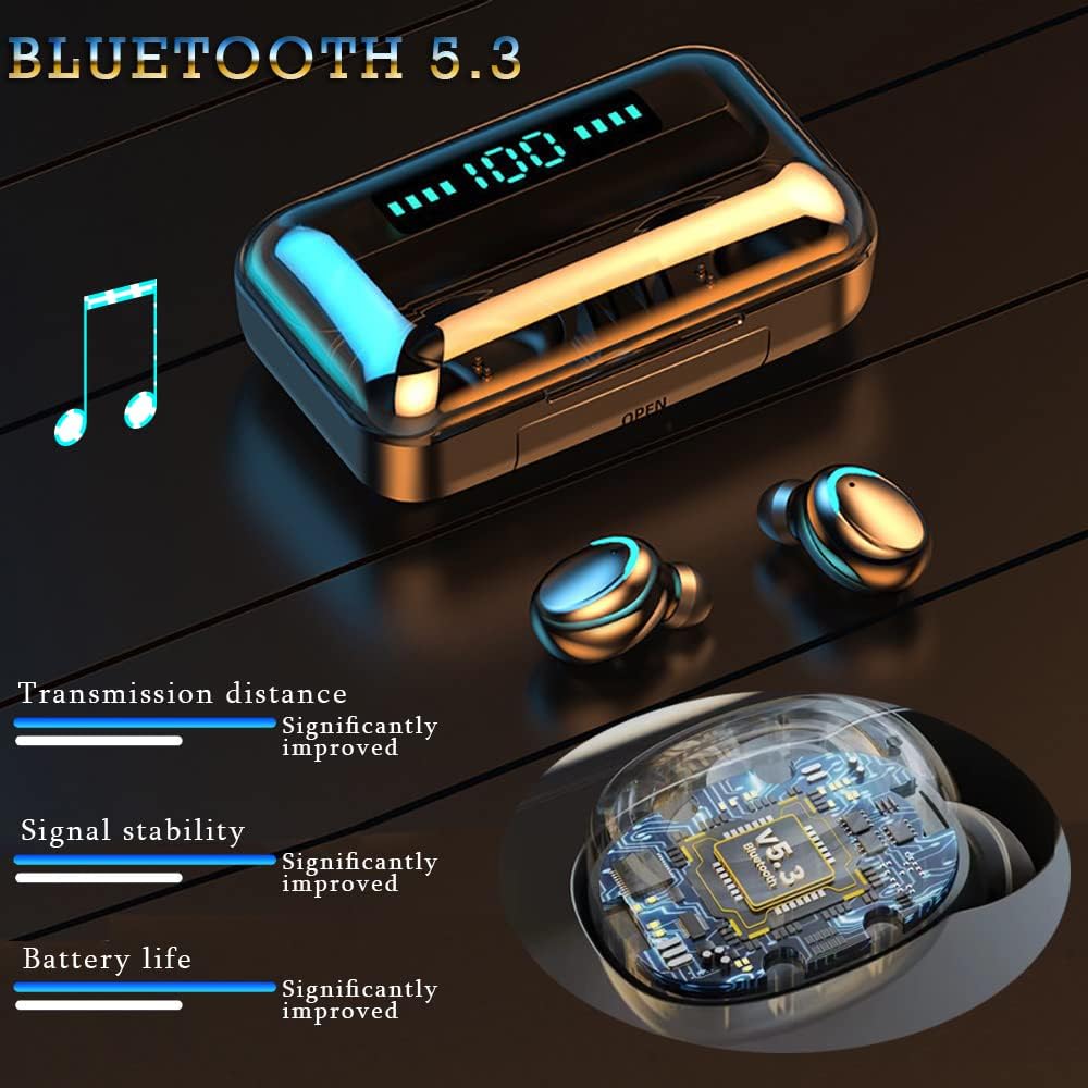 Wireless Earbuds, Bluetooth 5.3 Headphones with Mic, USB Charging Case, Dual Connect, Black Ear Buds.