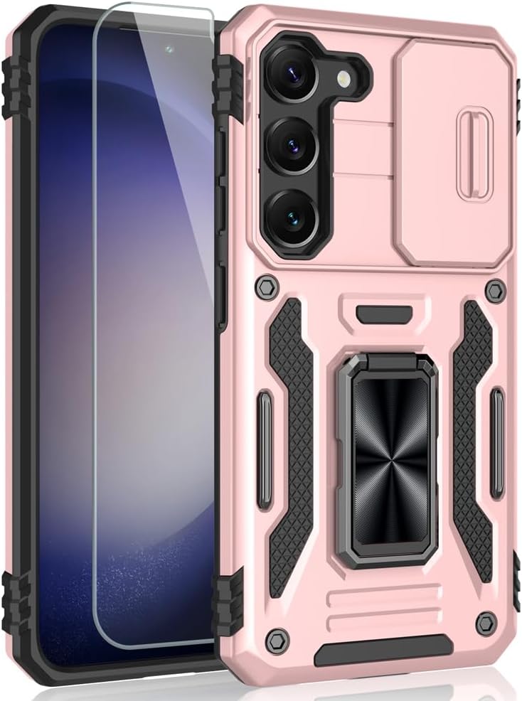 Shockproof Phone Case for Samsung Galaxy S23 with Sliding Camera Cover & Rotatable Ring Holder Kickstand + Tempered