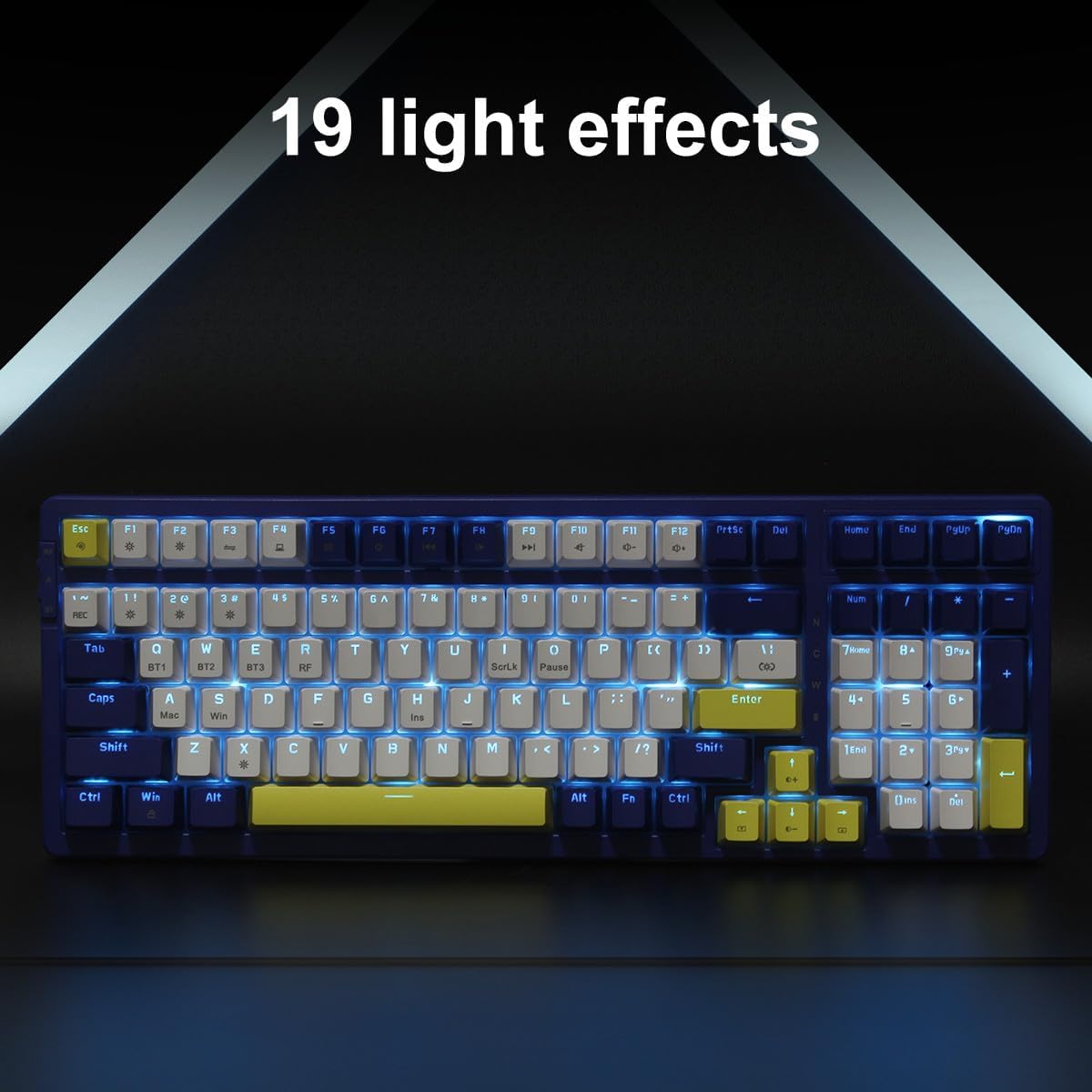Wireless Mechanical Keyboard, Triple Mode 2.4G/USB-C/BT Gaming Keyboards 100 Keys Ice-Blue Backlit, Red Switch Keyboard | Rechargeable Mechanical Gaming Keyboards | Blue/White/Yellow