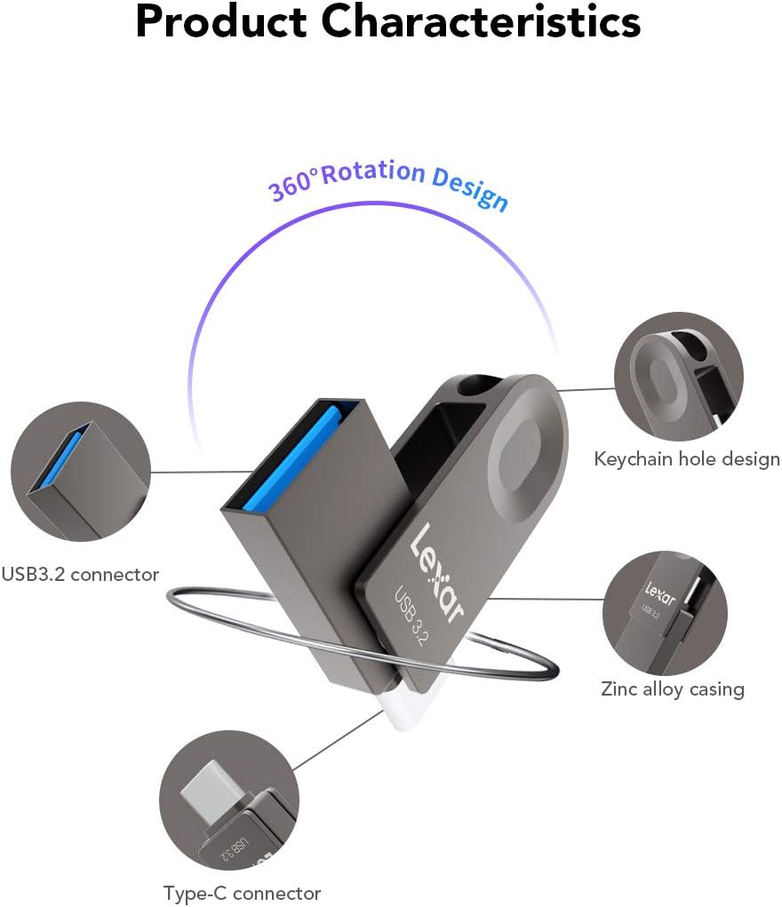 Lexar E32C 128GB Type-C USB Flash Drive, USB-A&USB-C 3.2 Gen 1 Dual Drive OTG 100MB/s Read, Thumb Drive Swivel Design Jump Drive for USB 3.0/2.0, Memory Stick for Android Smartphone, Laptop, PC
