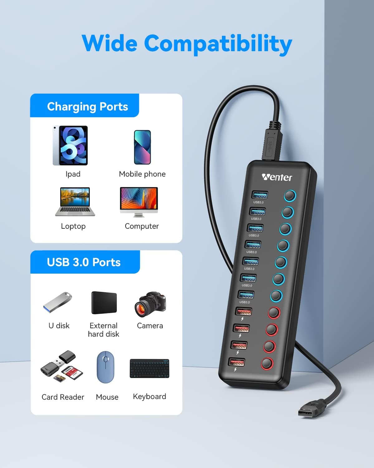 Powered USB 3.0 Hub, Wenter 11-Port Hub Splitter (7 Faster Data Transfer Ports+ 4 Smart Charging Ports) with Individual LED On/Off Switches, Power Adapter for Mac, PC