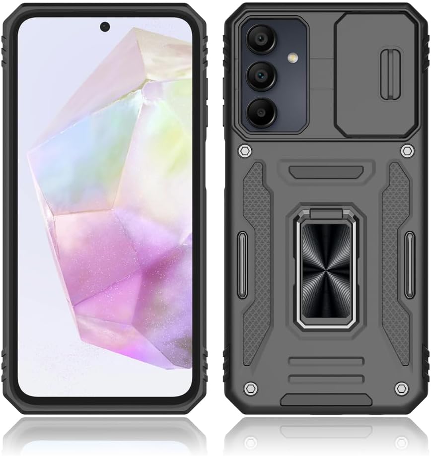 Samsung Galaxy A35 5G Case, Shockproof with Sliding Camera Cover & Ring Holder Kickstand, Black