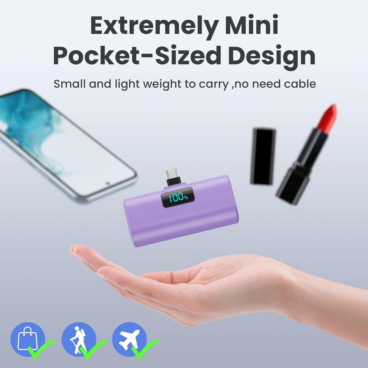 [2-Pack] Small Portable Charger 5200mAh, Upgraded PD USB C Power Bank with Built-in USB-C Connector, LCD Display,