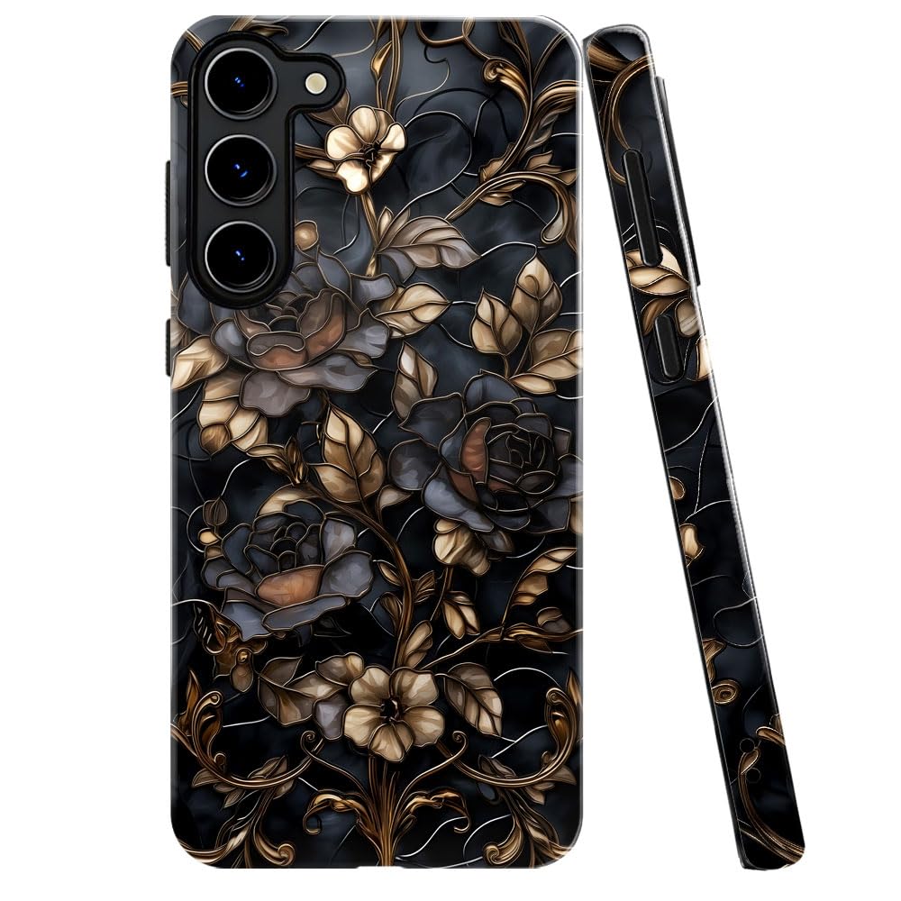 Case For Samsung Galaxy S23 Plus,Stained Glass Gold Dark Academia Flower Phone Case Military-Grade Drop Protection Cover For Wom