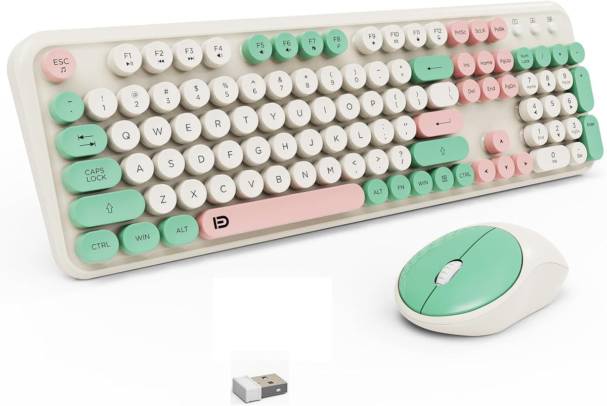 Wireless Keyboard and Mouse Set, 105 Keys Full-Size Cute Colorful Keyboard and Mouse with Retro Typewriter for PC/Mac/Laptop/Tablet/Computer/Windows Green