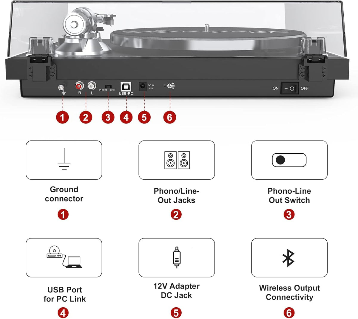 Turntables Record Player Wireless Output Connectivity Vinyl Player Belt-Drive Turn Tables Support 33&45 RPM Speed Phono Line Output USB Digital to PC Recording ATN3600L MM Cartridge Black