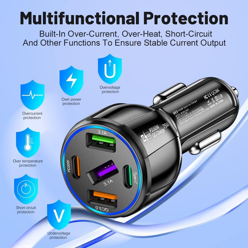 75W USB C Car Charger, 5-Port Adapter, PD & QC3.0 Fast Charging Cigarette Lighter USB Charger for iPhone/Android/Samsung
