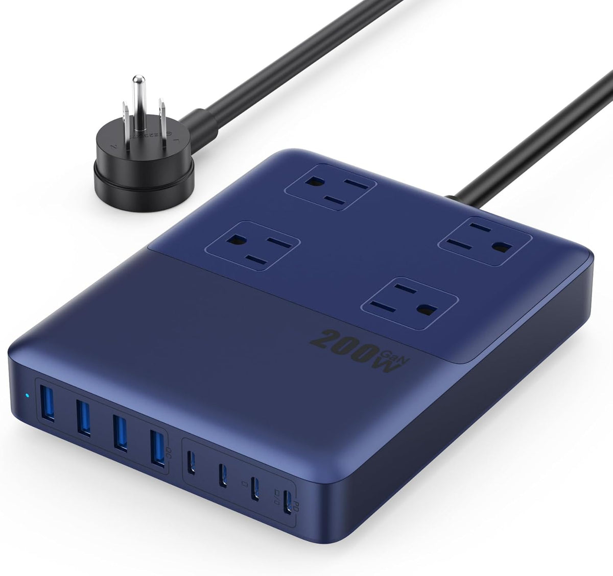 12-in-1 Charging Station USB C Power Strip with 5ft Cord,200W GaN IV USB C Charger Block,4 AC Outlets,4 USB-A,4 USB-C for MacBook,iPhone 16/15/14,Fast Charging Desktop Charger for Office (A-Blue)