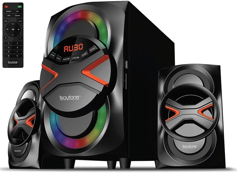 Boytone BT-326F, 2.1 Bluetooth Powerful Home Theater Speaker System, with FM Radio, SD USB Ports, Digital Playback, 40 Watts, Disco Lights, Full Function Remote Control, for Smartphone, Tablet., Black