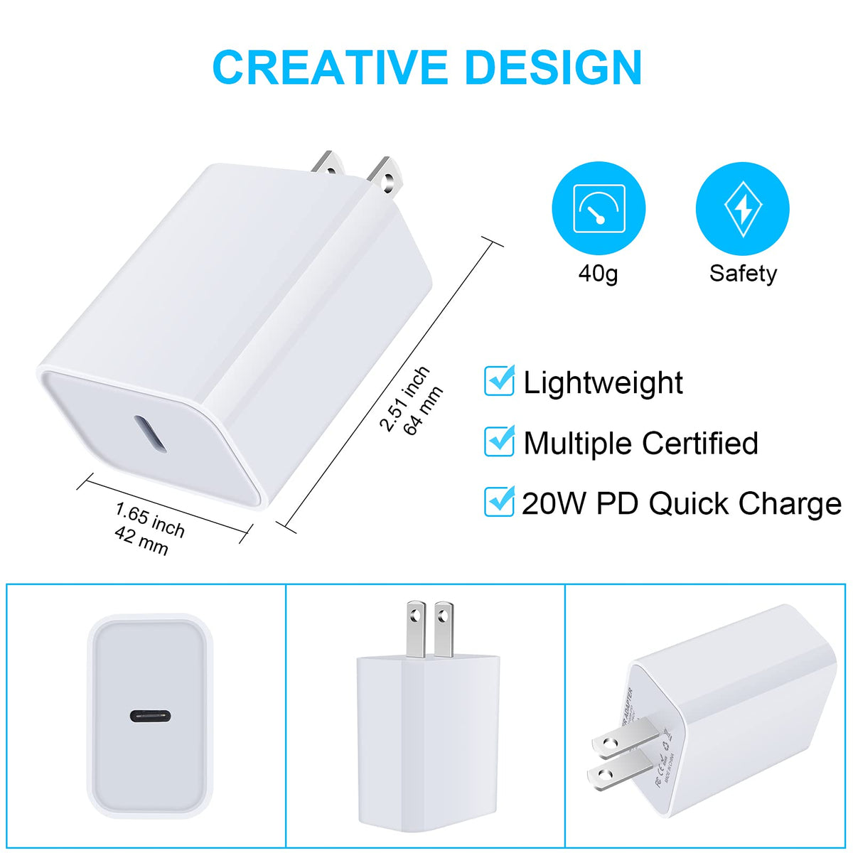 USB C Fast Charger, 20W USB C Power Adapter Fast Charging Block Cube Head for iPhone 17e/17 Pro Max/17 Pro/17/16e/16/16 Pro/16 Pro Max/16 Plus/15/15