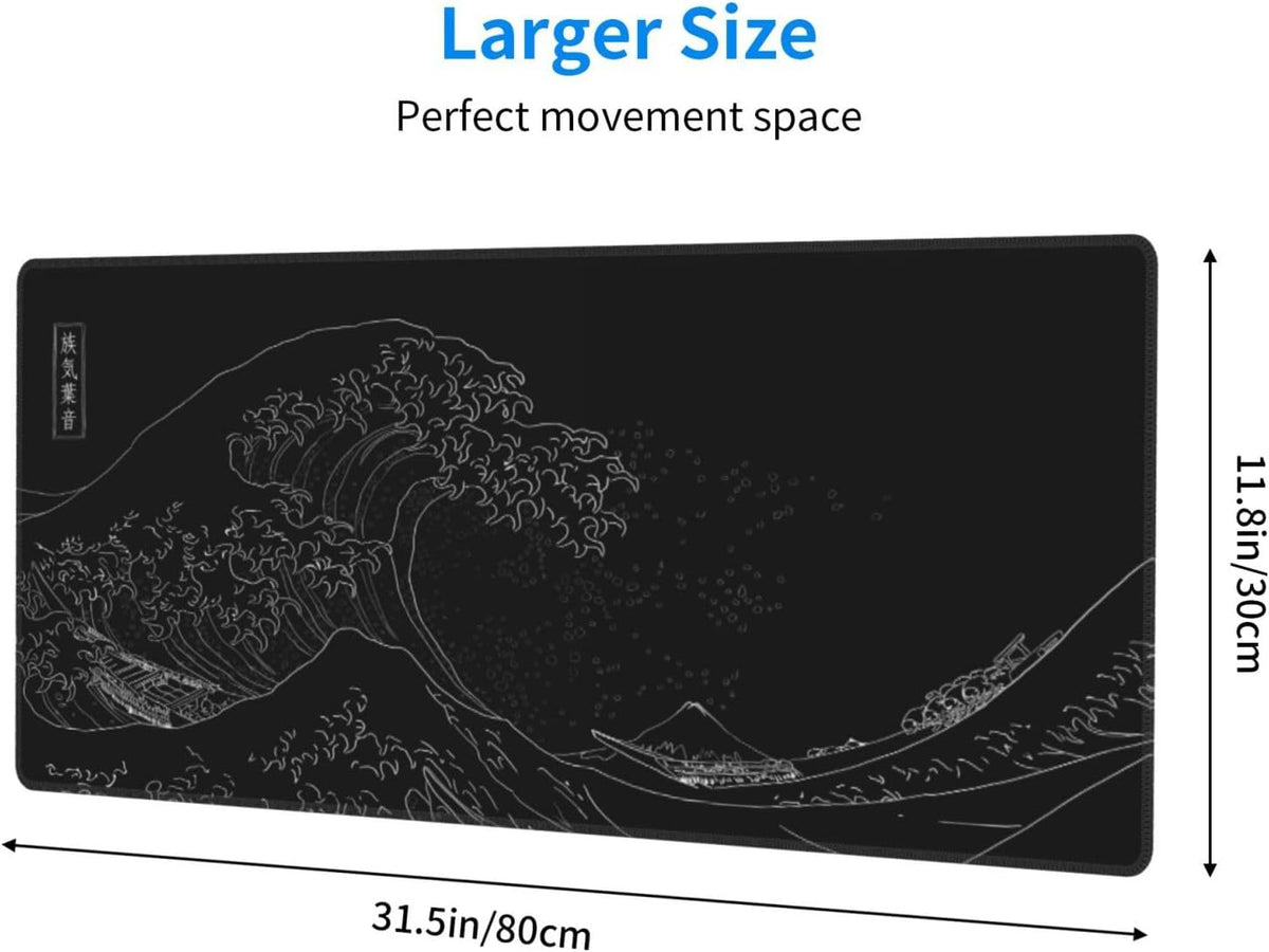 Japanese Gaming Mouse Pad Black Mouse Pad Kanagawa Large Mousepad Non-Slip Rubber Base Waterproof with Stitched Edges for Gaming Office Home, 31.5x11.8 Inch (Black Wave)
