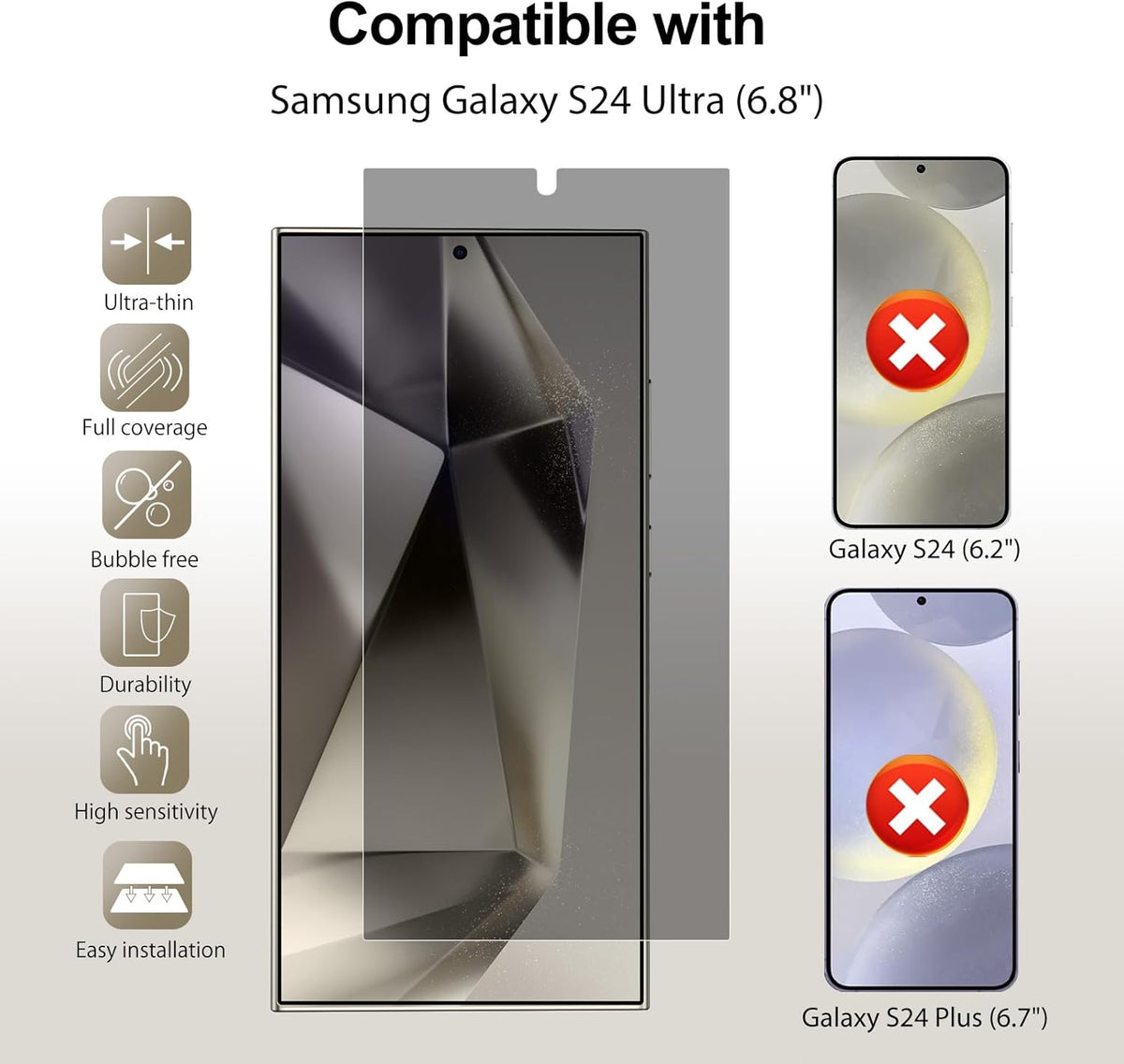 Samsung Galaxy S24 Ultra Privacy Screen Protector, Anti-Spy Flexible TPU Film [2 Pack], Full Coverage, Case Friendly