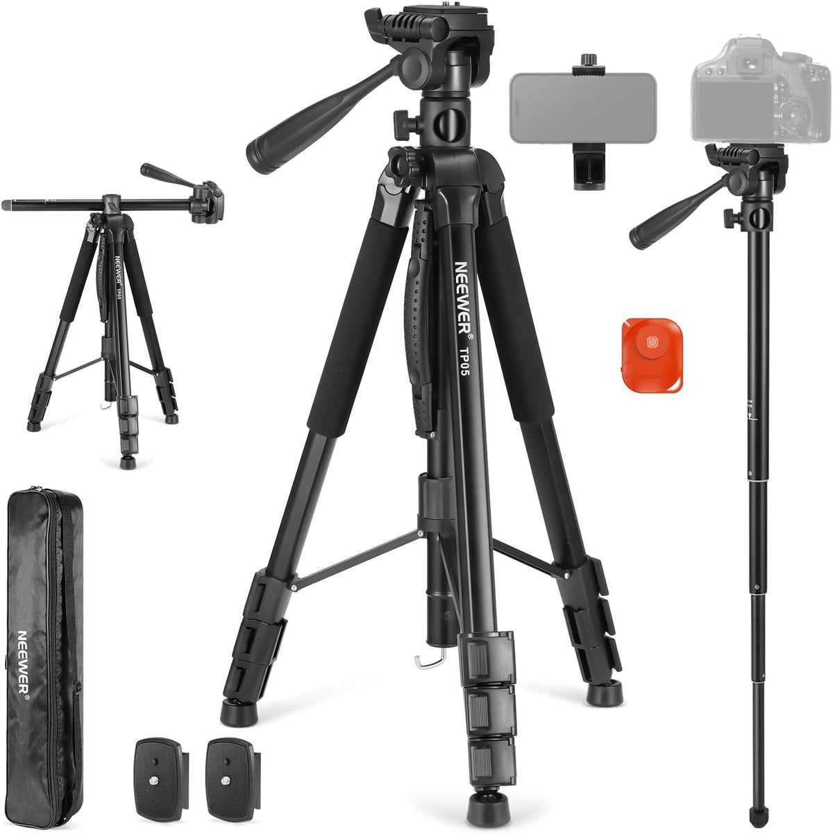 NEEWER Basic 74" Video Tripod Monopod, 3 Way Pan Tilt Head, Remote, Overhead Camera Mount, Horizontal Central Axis, Phone Holder Compatible with iPhone DSLR Telescope Projector, Max Load 17.6lb, TP05