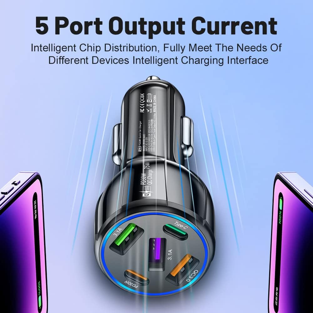75W USB C Car Charger, 5-Port Adapter, PD & QC3.0 Fast Charging Cigarette Lighter USB Charger for iPhone/Android/Samsung
