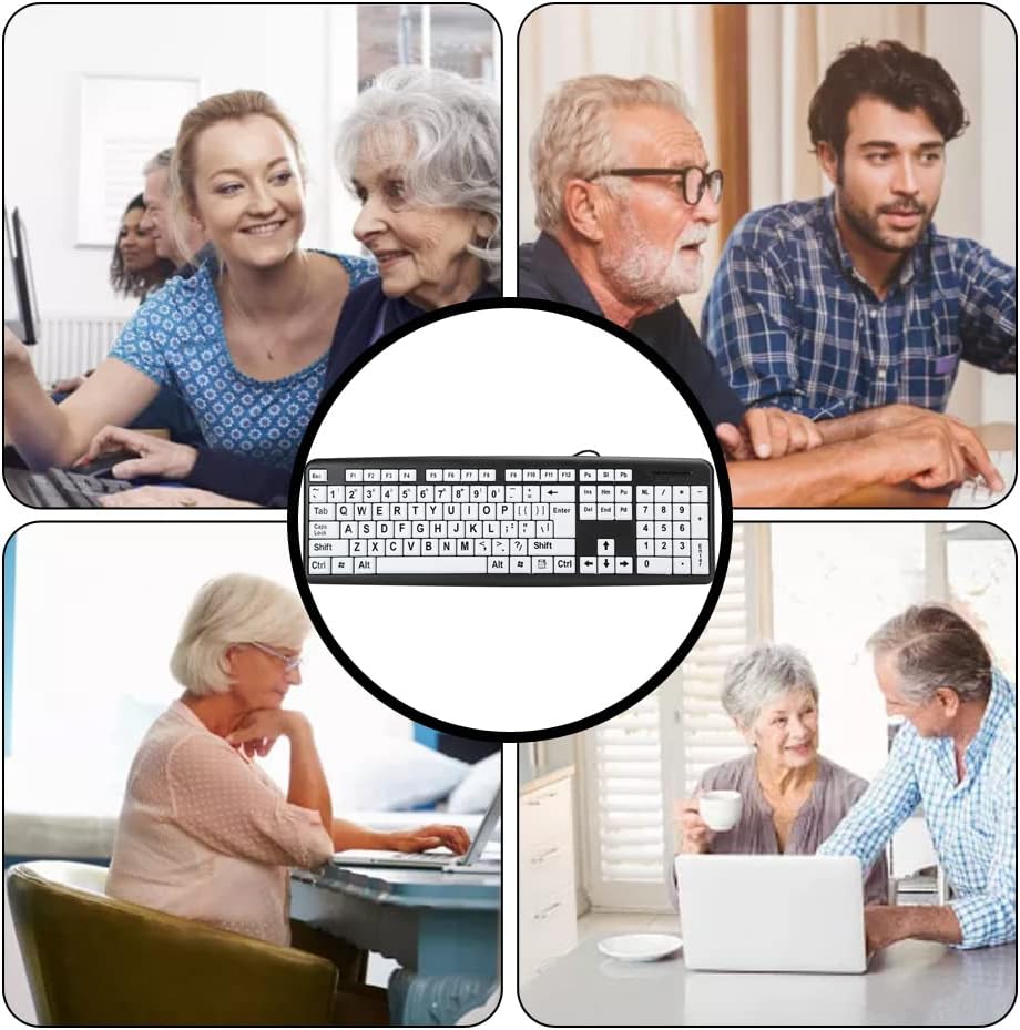 Black USB Wired Computer Keyboard, Low Vision Keyboard with White Large Print Keys