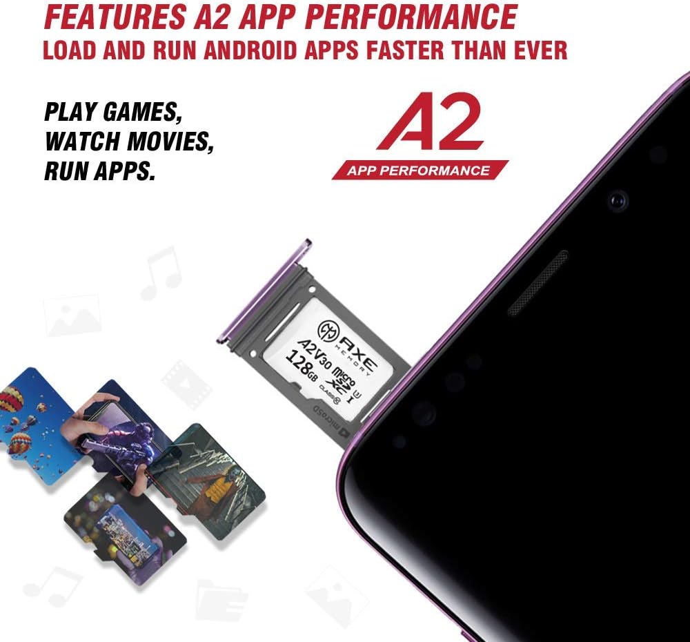 AXE MEMORY 128GB Micro SD Card 4K Ultra Full HD Video Premium Speed MicroSDXC Up to 100MB/S A2 V30 UHS-I U3 with SD