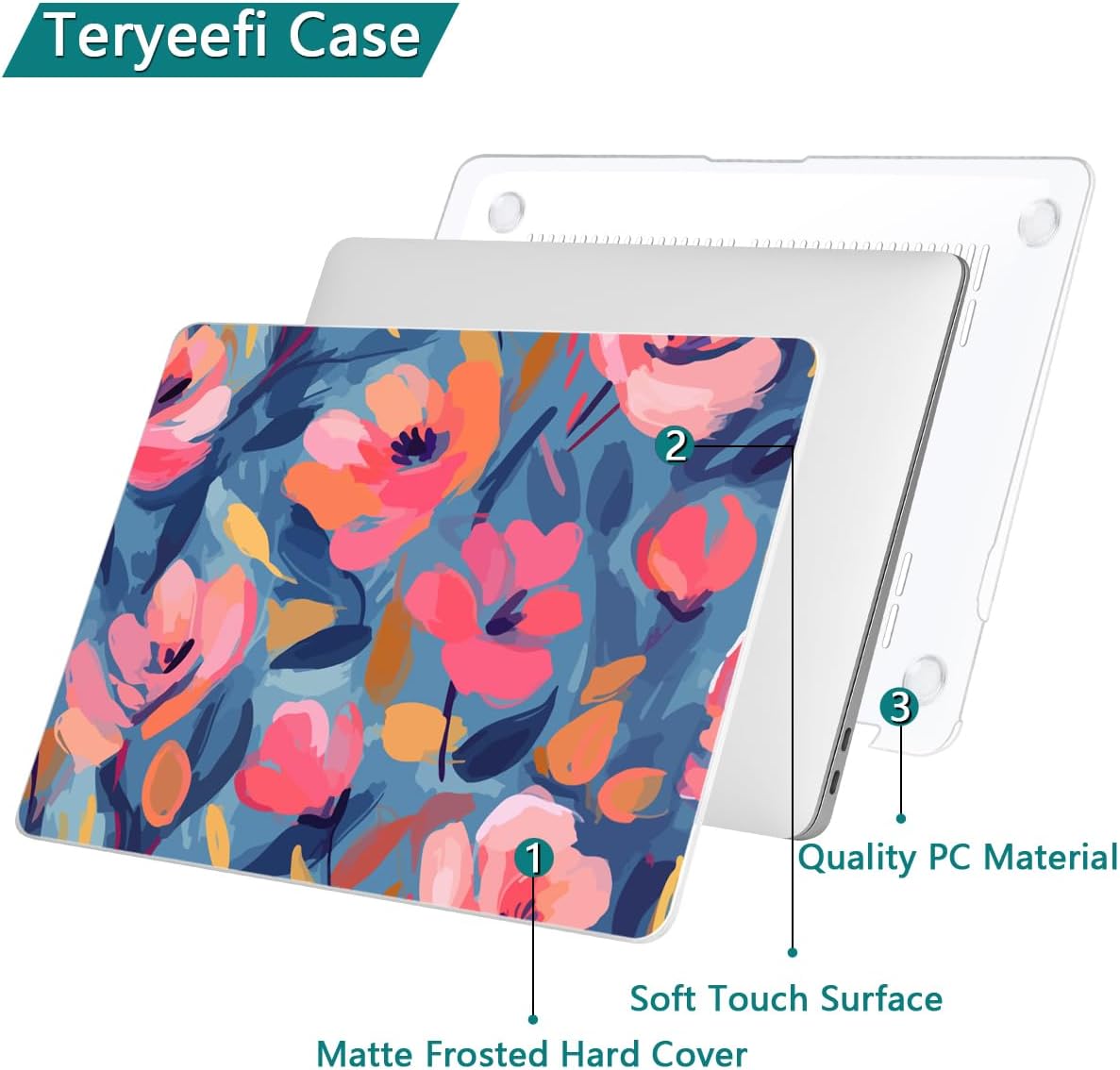 Teryeefi Compatible with M1 MacBook Air 13 inch Case 2021 2020 2019 2018 Release A2337 A2179 A1932 with Touch ID, Protective Plastic Hard Shell Case + Keyboard Cover - W-Abstract Pink Flower