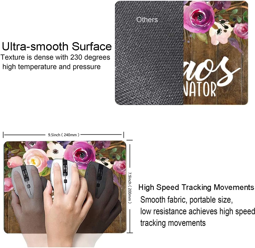 Mouse Pad, Chaos Coordinator Quotes Vintage Watercolor Floral Mouse Pad, Square Waterproof Mouse Pad Non-Slip Rubber Base MousePad