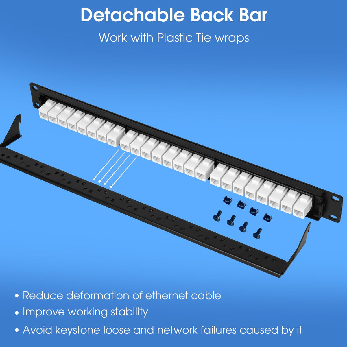 24 Port Keystone Patch Panel, 1U 19-inch RJ45 Network Patch Panel with Back Bar, Loaded with 24 Cat6 Couplers (White)