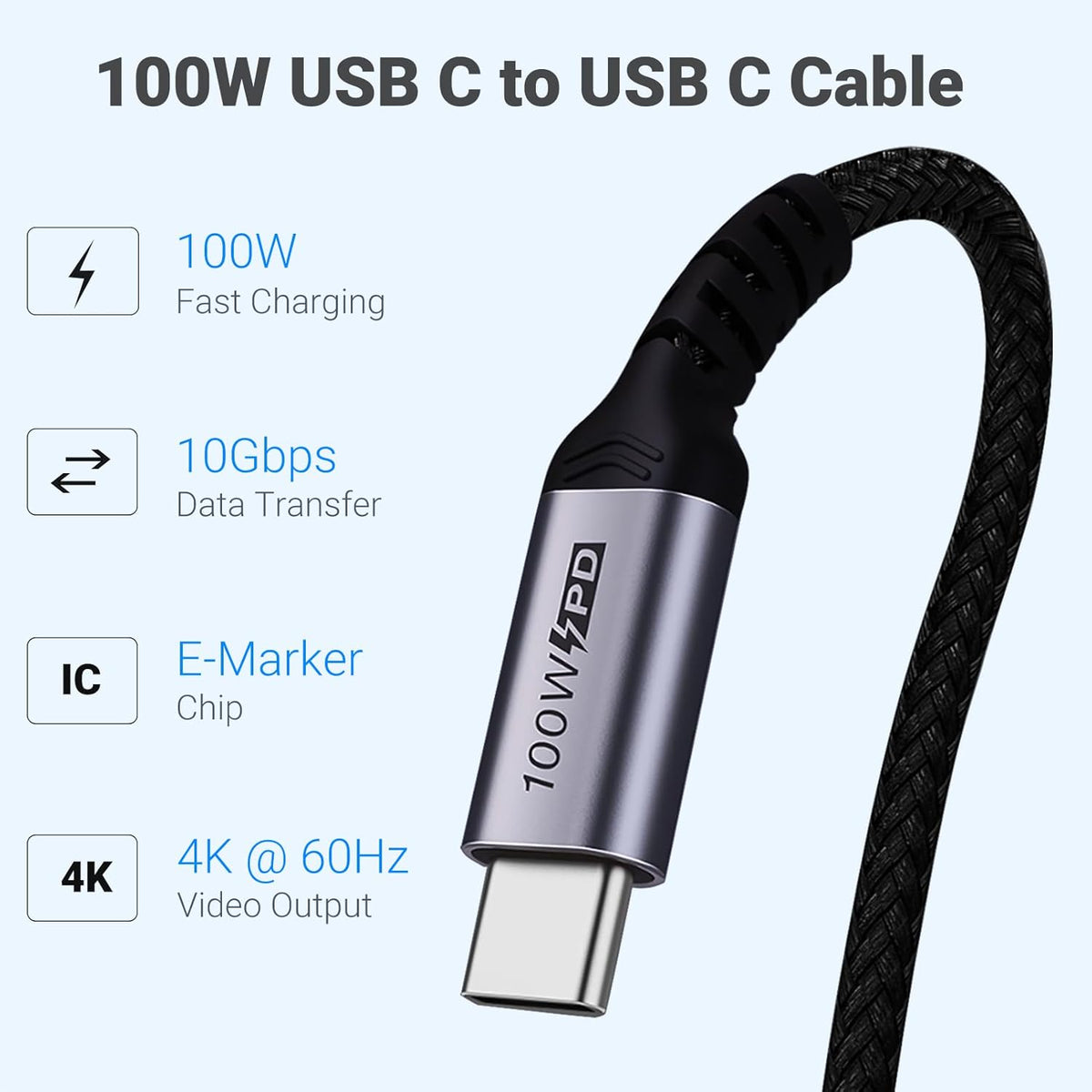 USB C 3.1 Data Cable 10FT 2 Packs, Right Angle 100W Gen 2 Fast Charging 10Gbps High Speed Transfer Cable, 4k 60hz Video Output PD Cord Compatible for Monitor Display, Thunderbolt 3, MacBook Pro