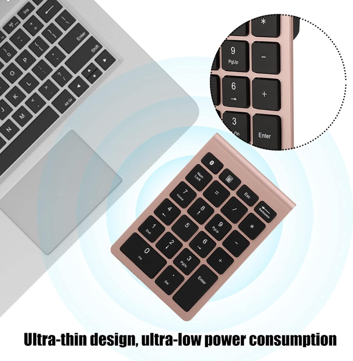 22 Keys Numeric Keypad, Portable Wireless Mini Keyboard Compatible with Bluetooth 5.0 for Laptop/Desktop (Rose Gold)