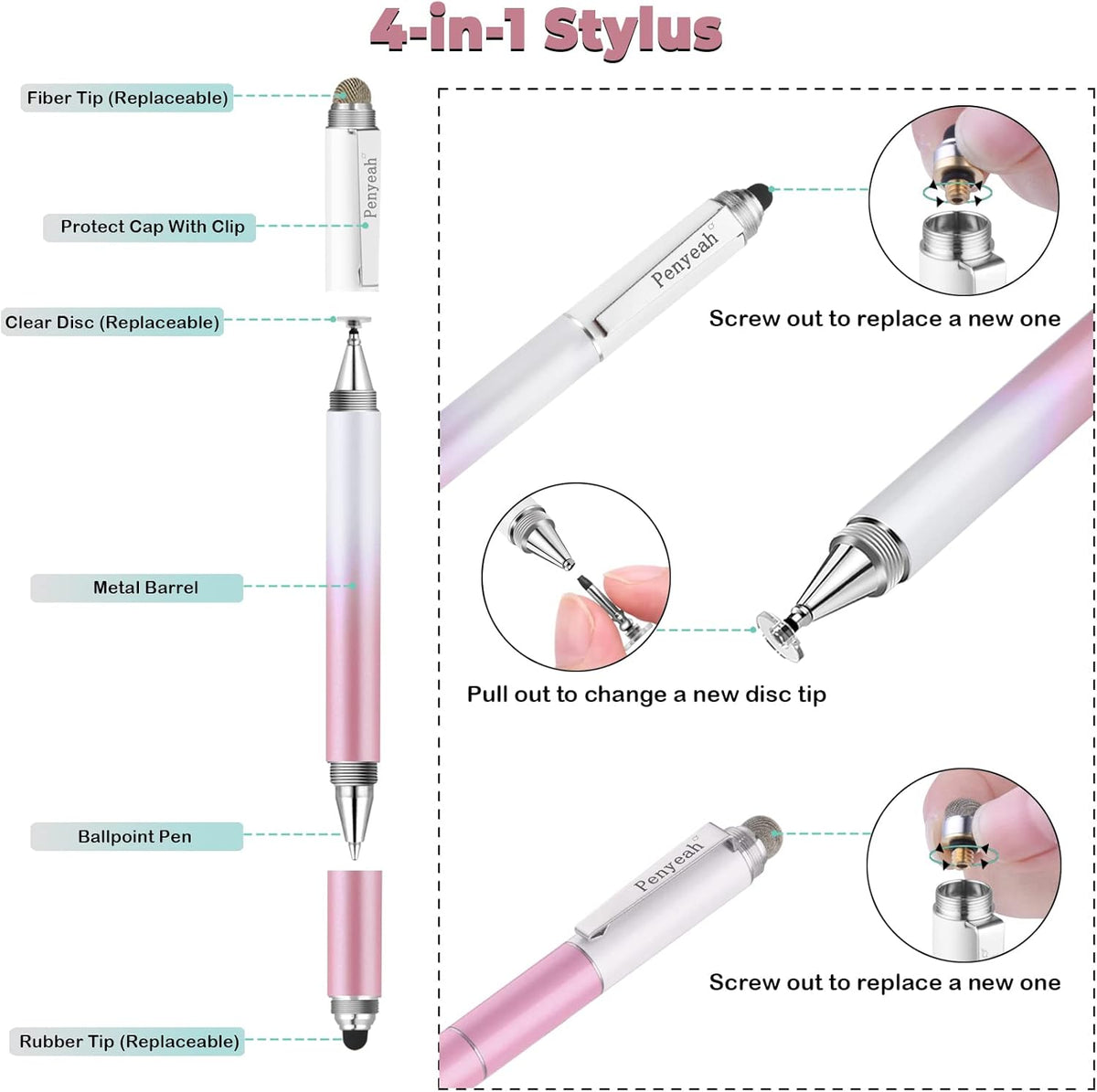 Penyeah Stylus Pens (4 in 1), Universal Phone/Tablet Stylus for iPhone/iPad/Pro/Mini/Android/Samsung/Fire and All Capacitive Touch Screens - Dream Pink