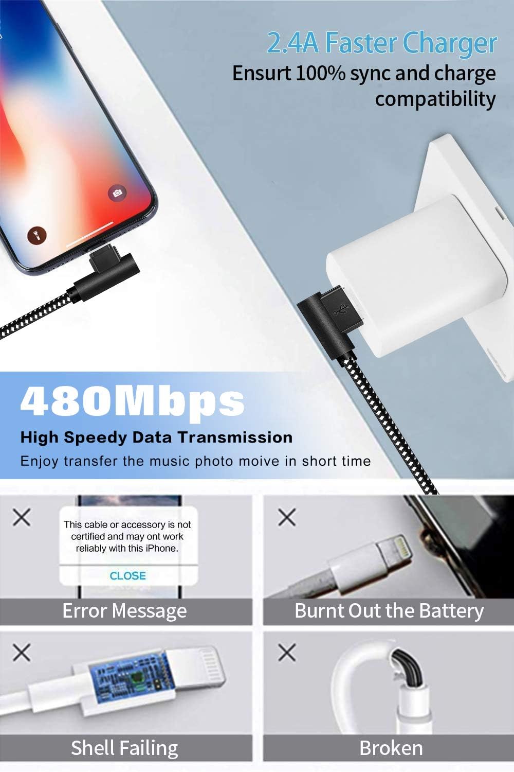 Made for The Game Connecting Cable, [3-Pack] 6ft Durable 90 Degree Fast Charging Cable for iPhone 12/Xs