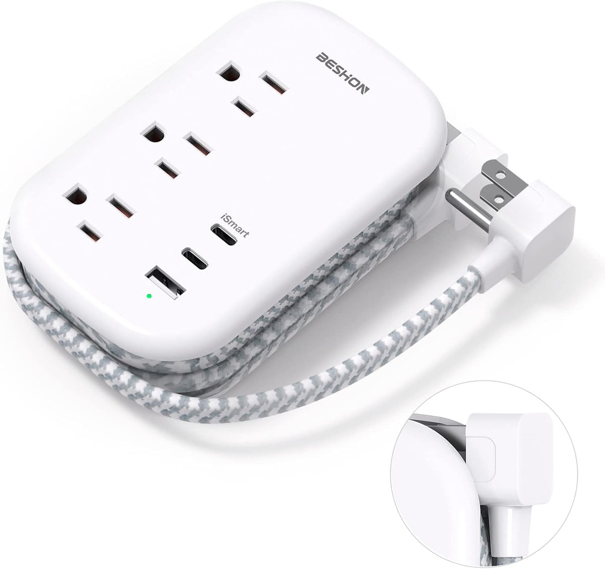 BESHON Flat Plug Power Strip with 3 Outlets and 3 USB Ports (2 USB C), 3.2ft Wrapped Extension Cord for Travel