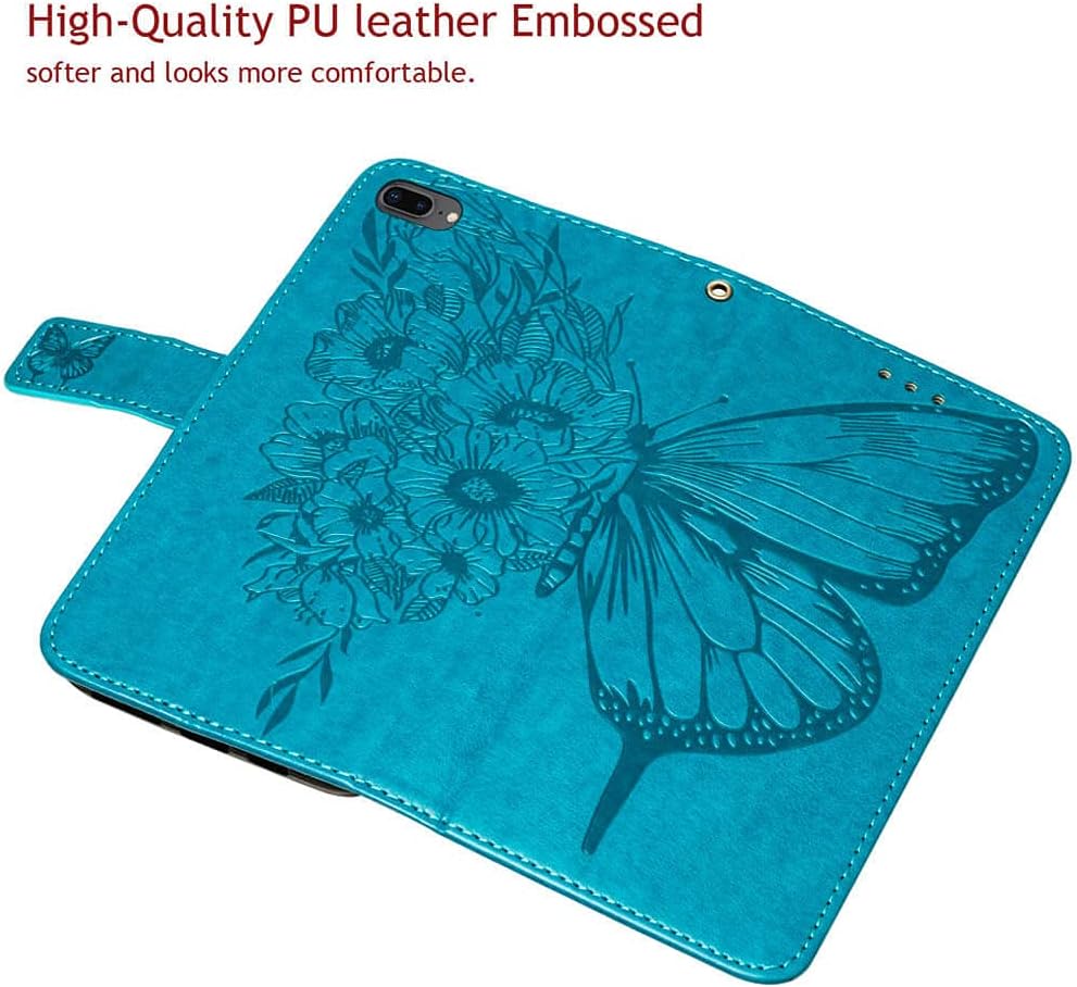 iPhone 7/8 Plus Wallet Case, Butterfly Floral Embossed, Card Holder Slots, Stand Leather Protective Flip Cover (Blue)