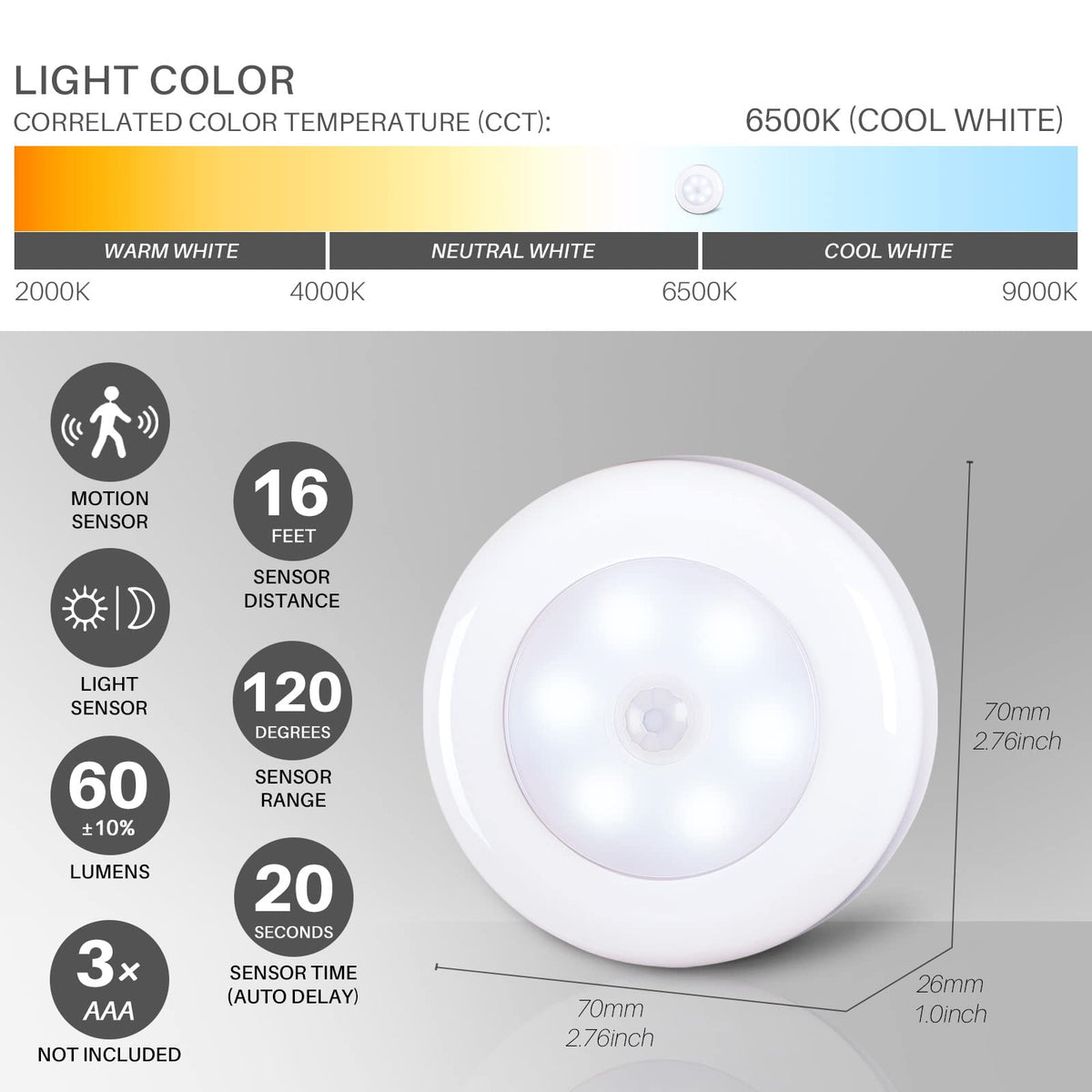 STAR-SPANGLED 6 Pack 2.8” Motion Sensor Lights Indoor AAA Battery Operated, Stick on LED Puck Light for Stairs, Under Cabinet, Closet, Cool White