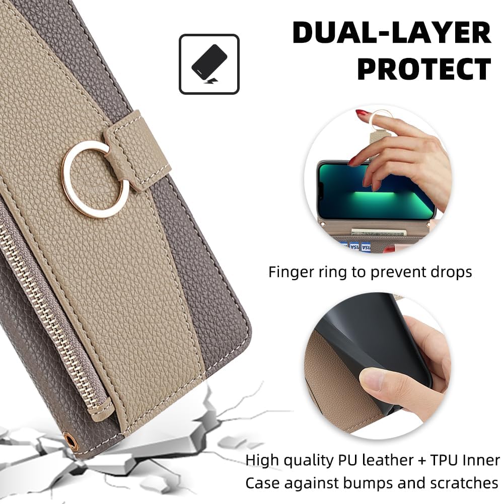 Asuwish iPhone 15 Pro Wallet Case 6.1" - Gray, with Screen Protector, Mirror Flip, Card Holder, Crossbody Strap, Stand.