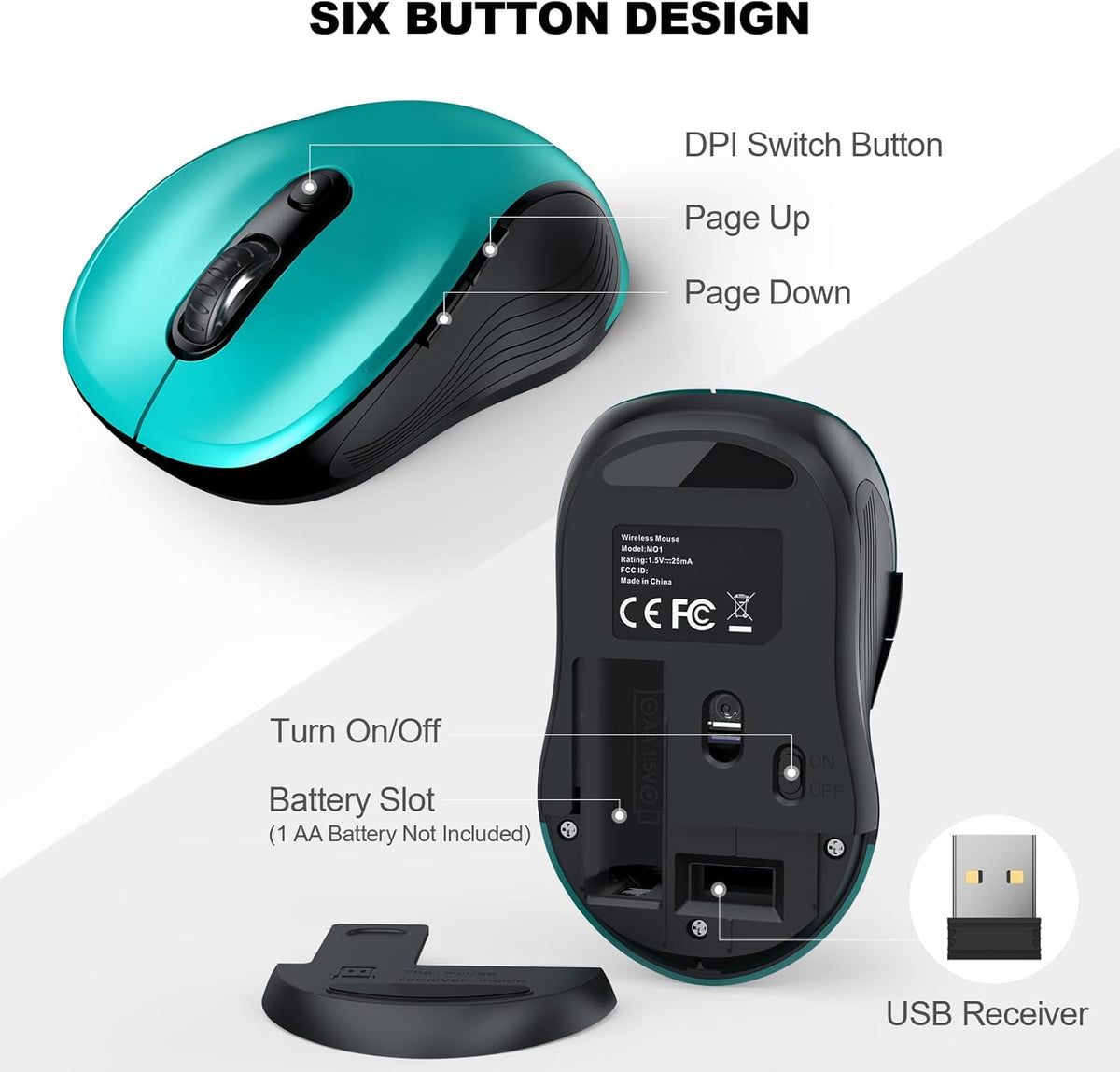 WisFox 2.4G Wireless Mouse for Laptop, Ergonomic Computer Mouse with USB Receiver and Type-C Adapter, 3 Adjustable Levels, 6 Button Cordless Wireless Mice for Windows Mac PC Notebook (Green)