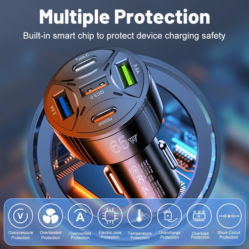 65W USB C Car Charger, PD30W & QC3.0 Fast Charging Cigarette Lighter Plug Adapter for iPhone/Android/Samsung