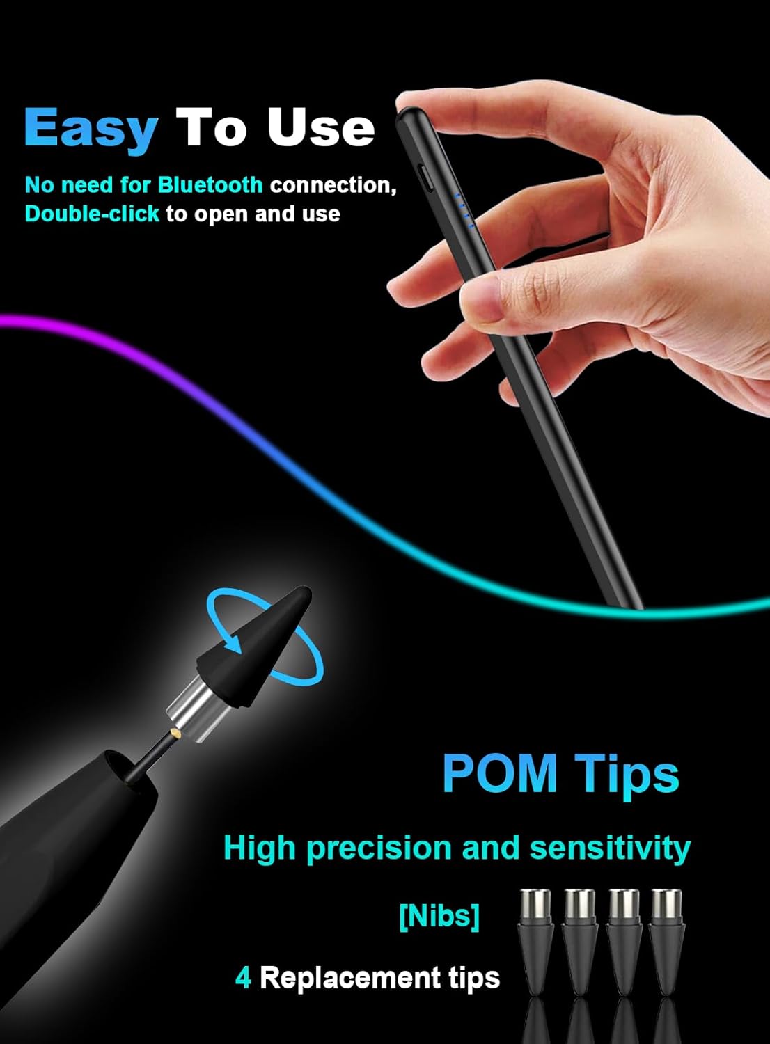 Stylus Pen for Android Tablet/Phone Pom Tips Fast Charge Stylus Pen for iPhone Magnetic Active Pencil Compatible with Samsung A9+, iPhone, Lenovo and Other Android Smartphone and Tablet Devices-Black