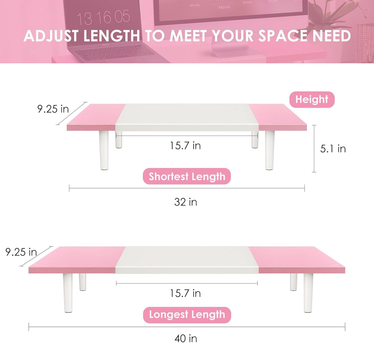 Dual-Monitor-Stand-Riser-For-Desk Adjustable Length 32-40 Inch，Large Desktop Computer Monitor Riser For 2 Screens，Desk Shelf Organizer Riser Stand For Computer/Laptop/PC/Printer/TV