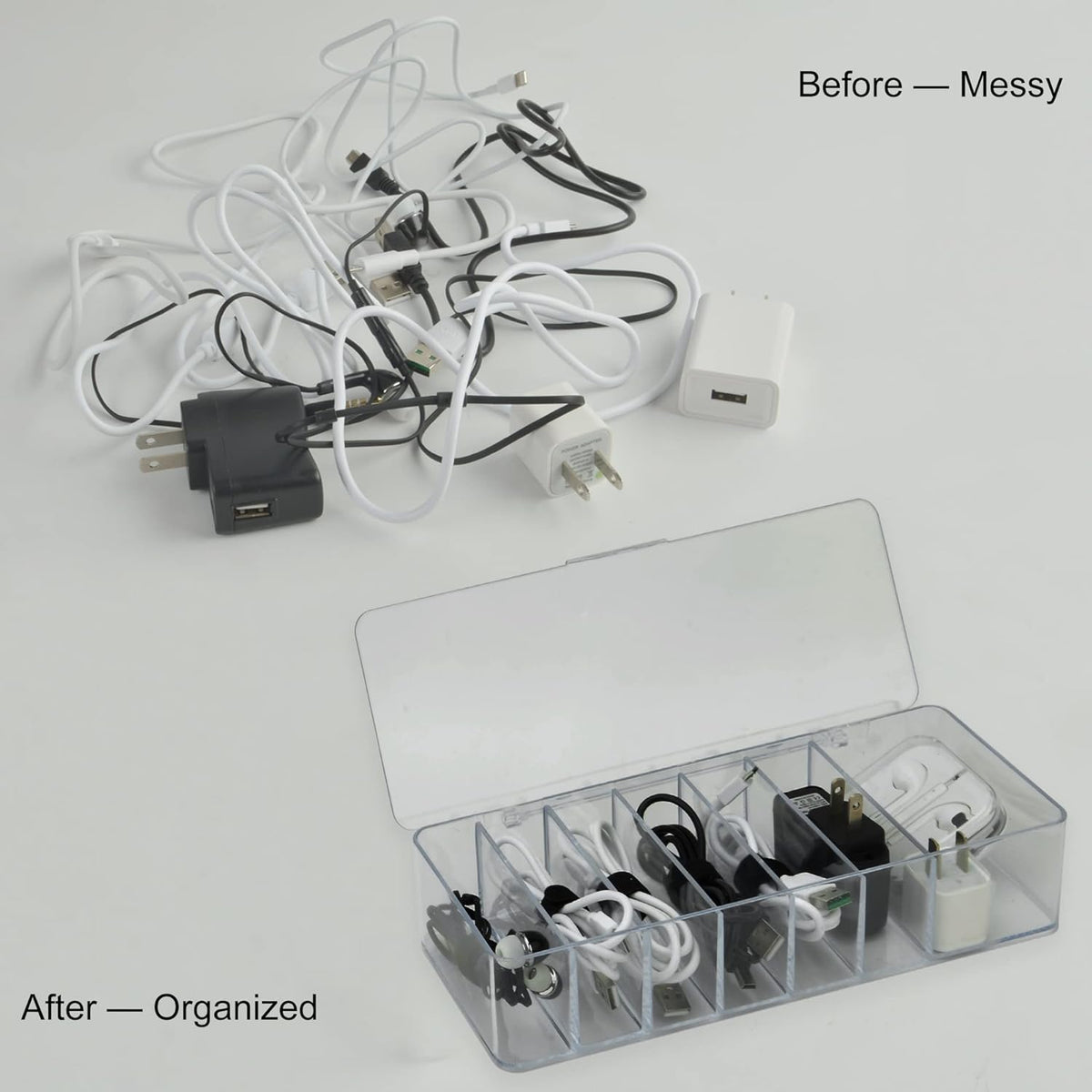 Electronics Organizer with 7 Sections, Clear Acrylic Cable Storage Bin Box, Includes 20 PCS Reusable Cable Ties (7