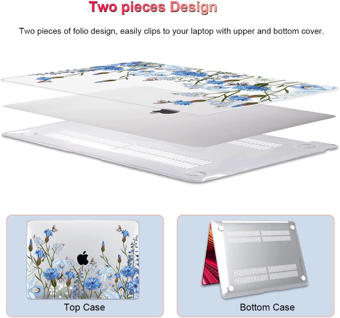 for MacBook Pro 13 Inch Case 2022 M2 2020 2021 A2338 M1 A2251 A2289 with Touch Bar & Touch ID, Plastic Hard Case Keyboard Cover Screen Protector Webcam Cover Brush, Tropical Blue Flowers