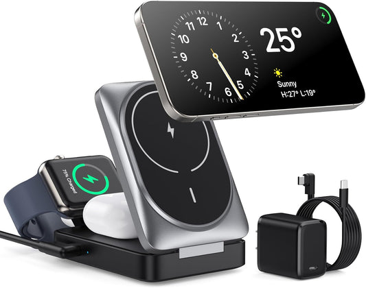 3-in-1 Wireless Charger Charging Station for iPhone, Qi2 Certified 15W Fast Charging Foldable Magnetic Charger Stand with 30W USB C Adapter for MagSafe iPhone 16/15/14/13/12, Apple Watch, AirPods