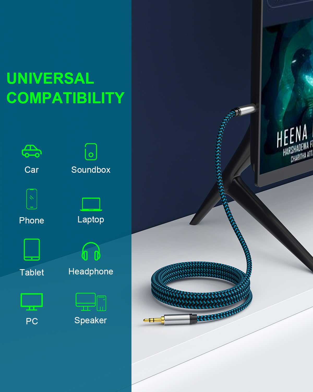 Hftywy 5ft/1.5M, 3.5mm 3.5mm Aux Cord Nylon Braided Audio Cable Headphone Cable Male to Male Aux Cord for Car