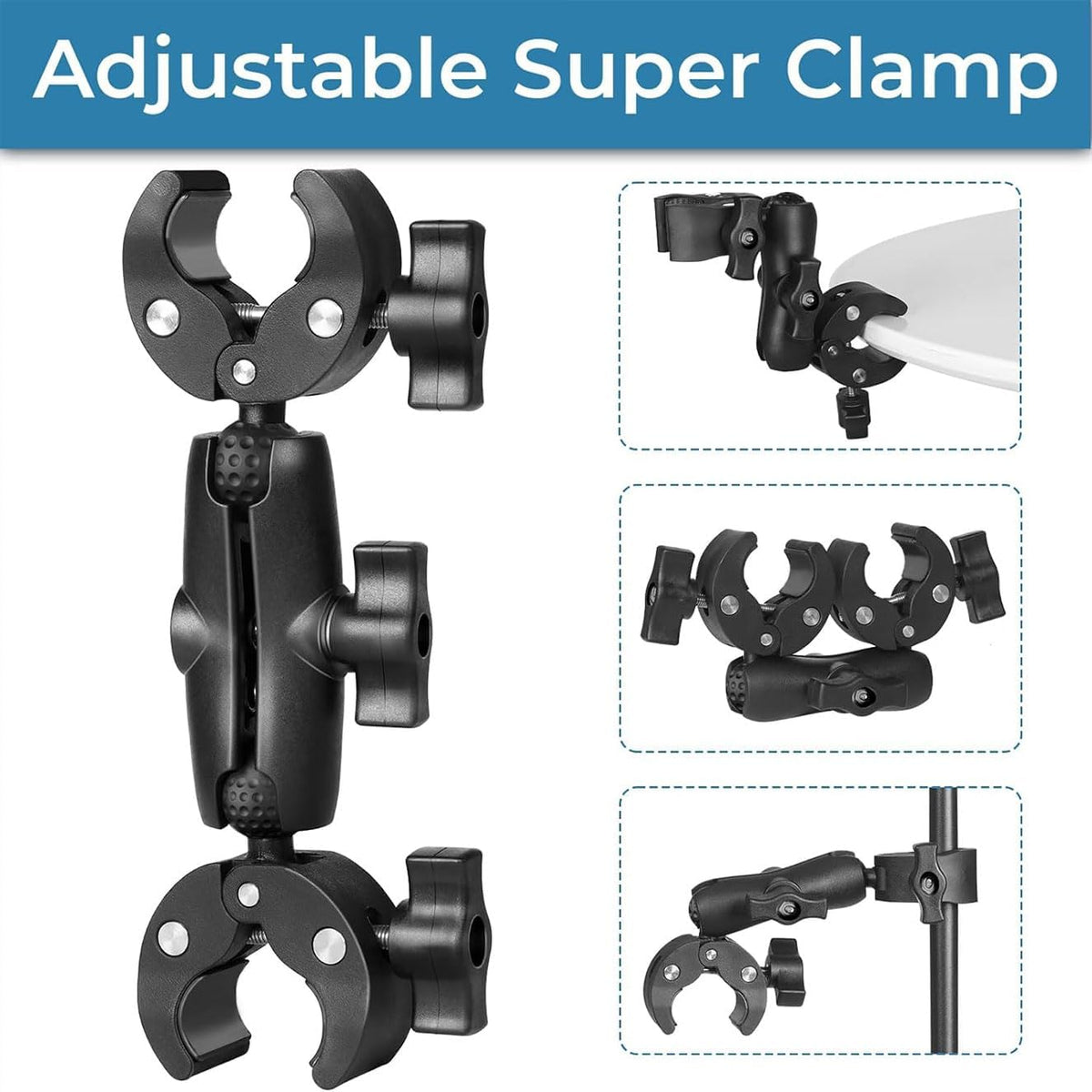 Sequpr Super Clamp Double Camera Clamp, Non-Slip Head Mount for Photography Light Stand, Umbrella, Selfie Stick