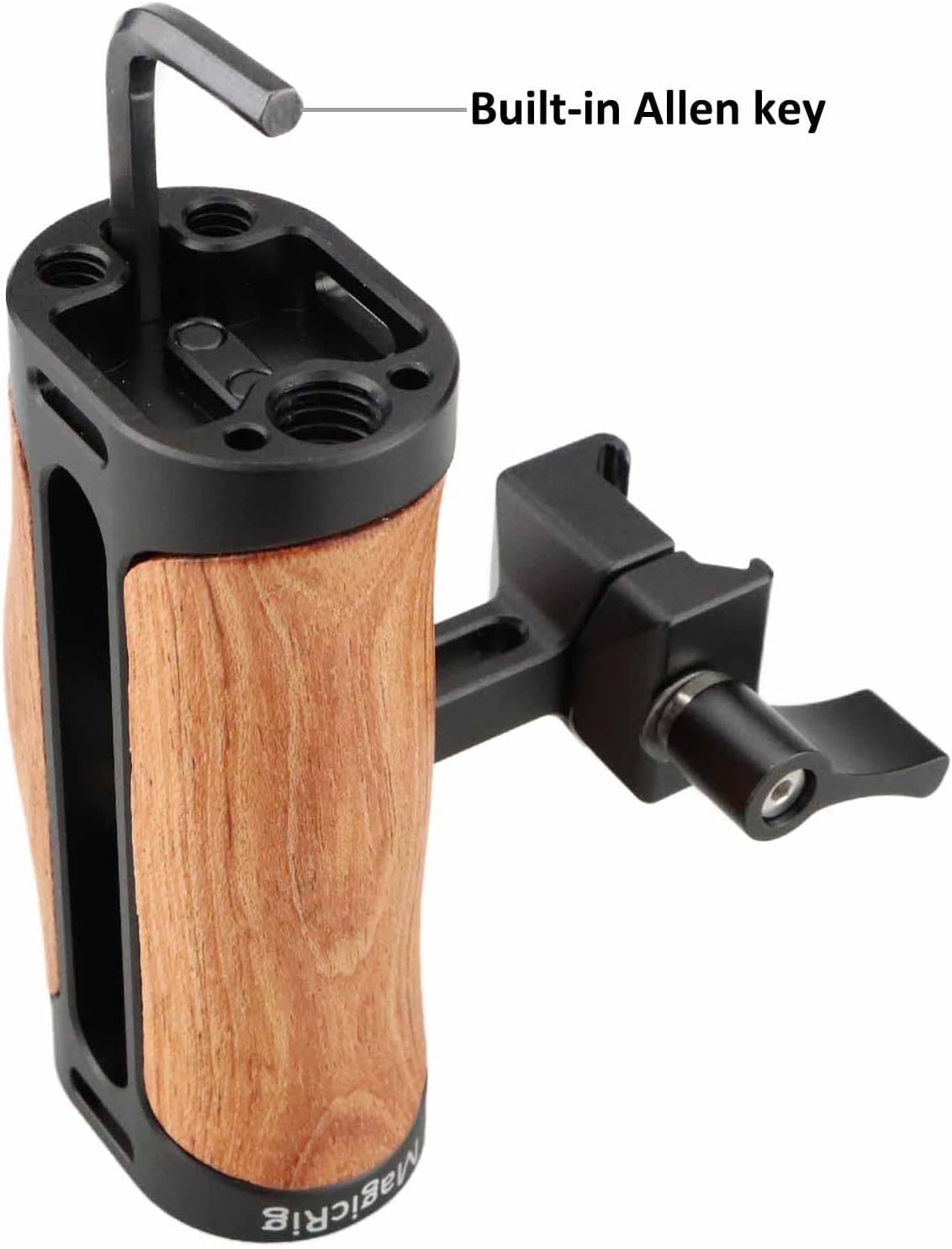 Wooden NATO Side Handle Mini Grip & NATO Rail 50mm for DSLR/Volg Camera Cage, Built-in Cold Shoe Mount, 1/4" & 3/8" ARRI Thread Hole, Up and Down Adjustable, for Left or Right Handle