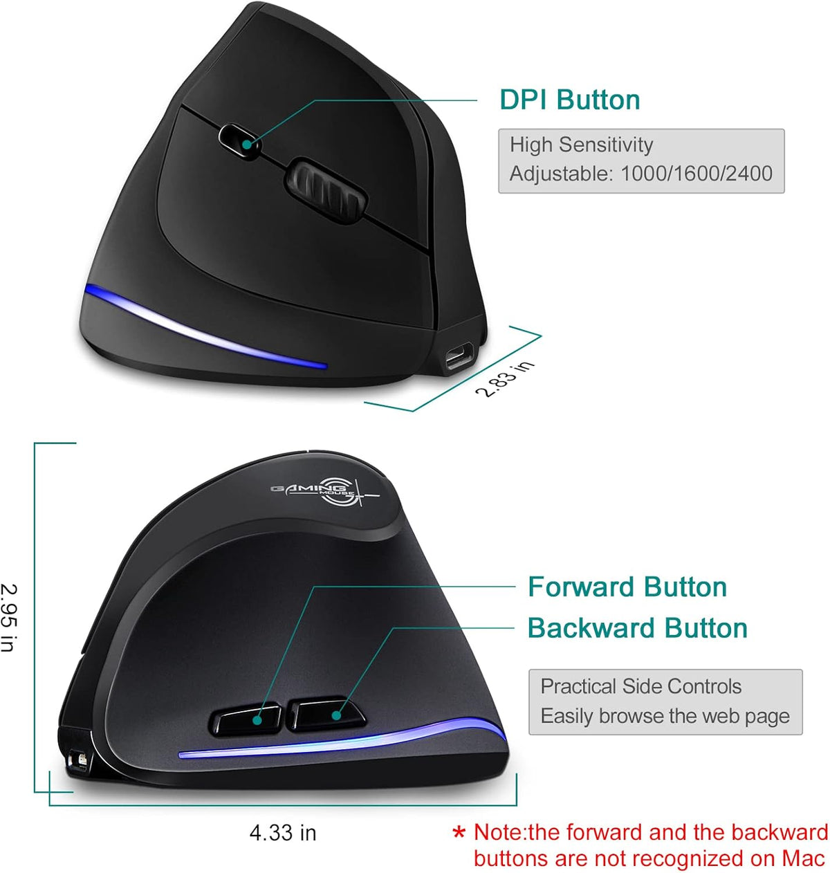 TRELC Wireless Mouse Tri-Mode (BT 5.0/3.0+2.4GHz), Ergonomic Vertical Mouses with 3 Adjustable DPI, Rechargeable Optical Wireless Mice for 3 Devices, 7 Buttons for PC, Desktop, Laptop, Tablet (Black)