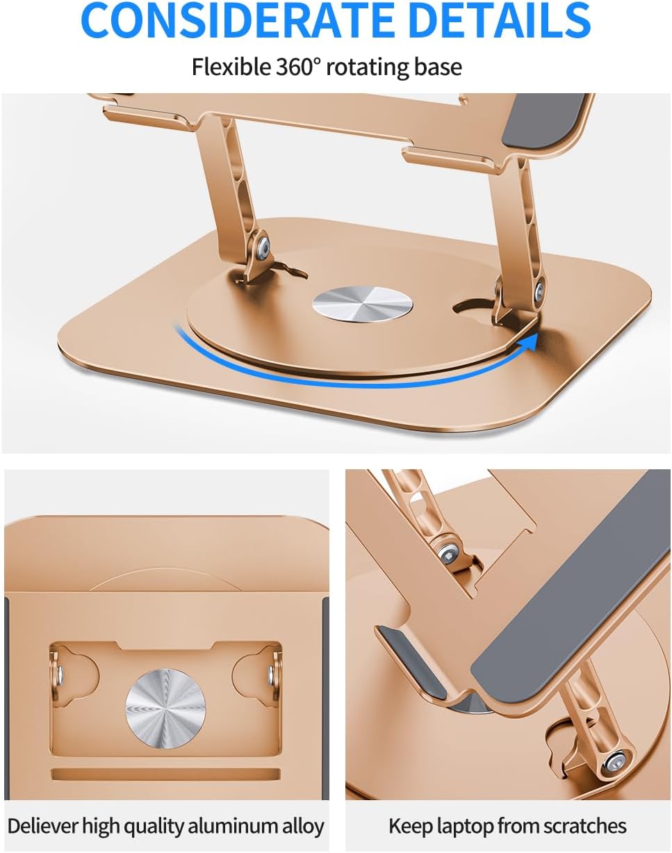 Adjustable Laptop Stand with 360 Rotating Base, Computer Stand for Laptop Ergonimic Foldable Laptop Riser for Desk Compatible with MacBook Pro/Air Notebook up to 16 Inches, Gold