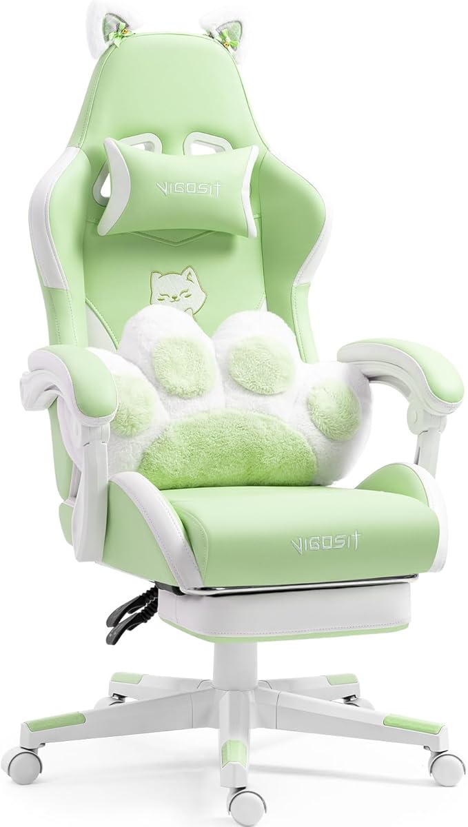 Gaming Chair Cute with Cat Ears Paw Lumbar and CushionErgonomic Computer Chair with FootrestReclining PC Game Chair for Girl Computer Chair 300lbs for Adult (Green)