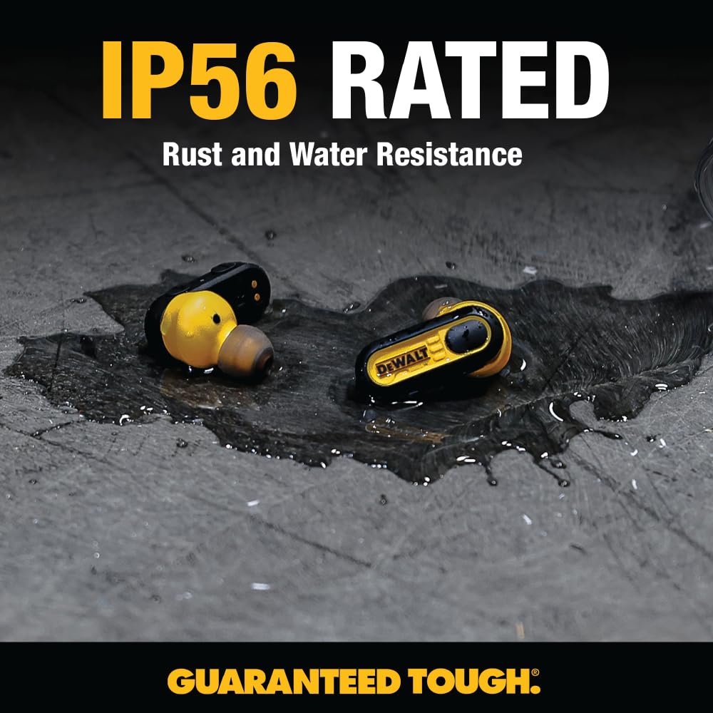 DEWALT Heavy Duty True Wireless Ear Buds, Bluetooth Headphones with Type C Charging Case Included, Over 37 Hours of Battery Life, Easy Setup