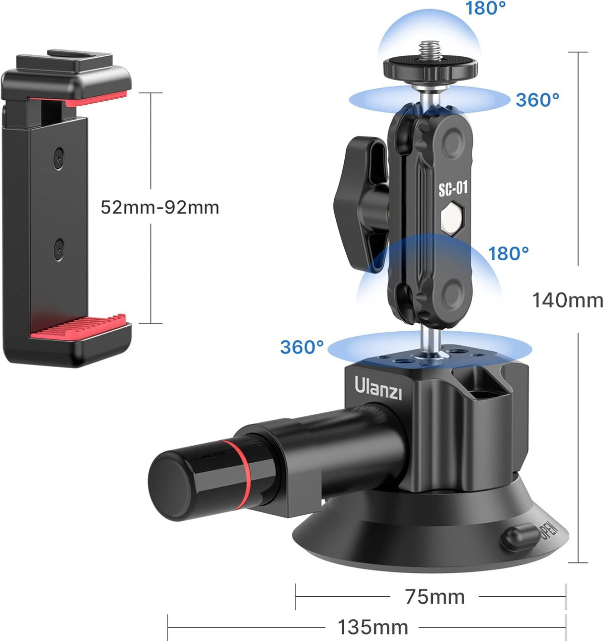 UURig SC-01 Suction Mount 3" for Vlogging Action Camera Car w Smartphone Clamp Compatible with DJI OSMO Pocket 3/OSMO 360/Insta 360 x5/iPhone 16 15 14 13 Pro Max, 1/4" Magic Arm Car Windshield Window