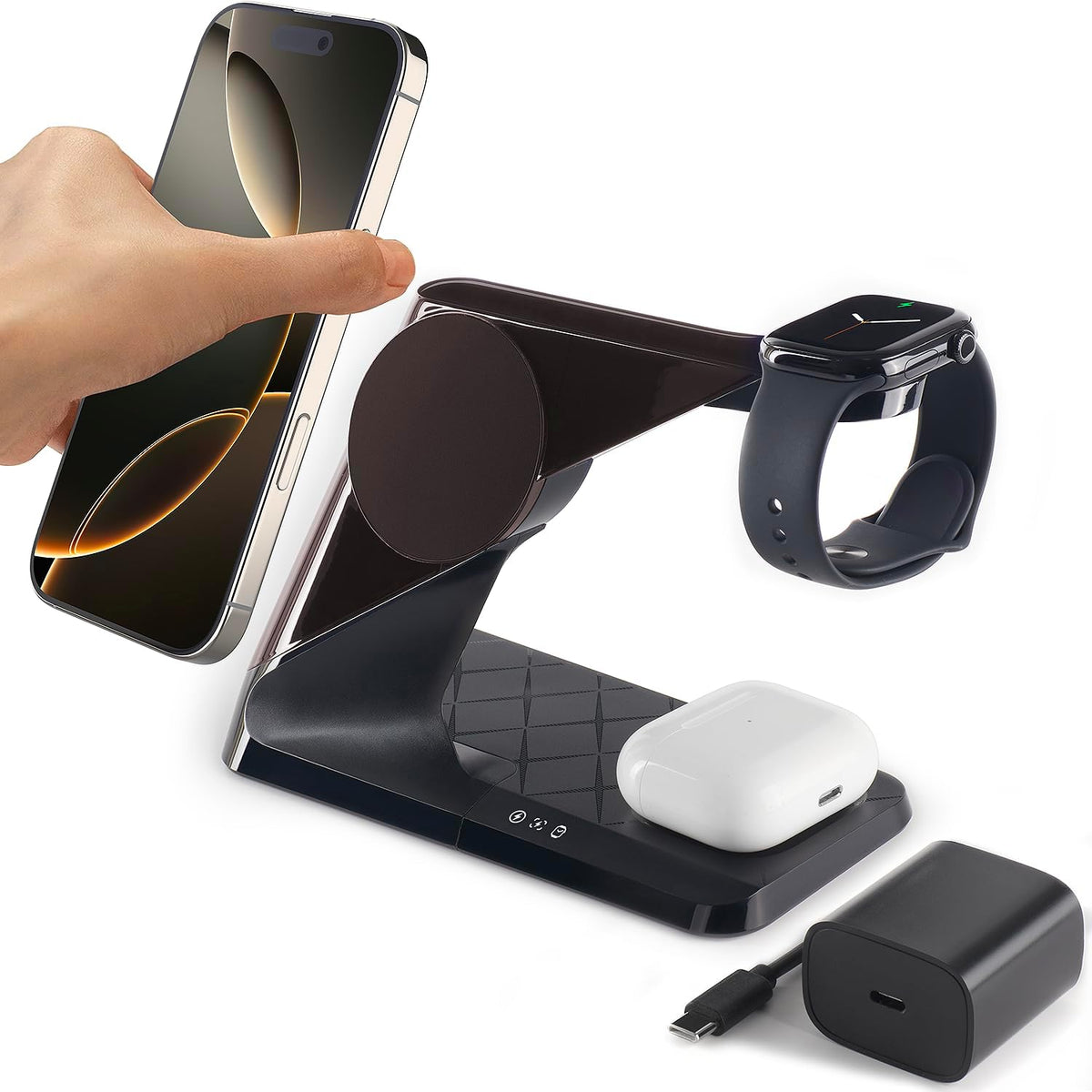 3 in 1 Charging Station for Apple Devices, Mag-Safe Charger Stand, Wireless Charger for iPhone 16/15/14/13/12 Series,& AirPods,& iWatch